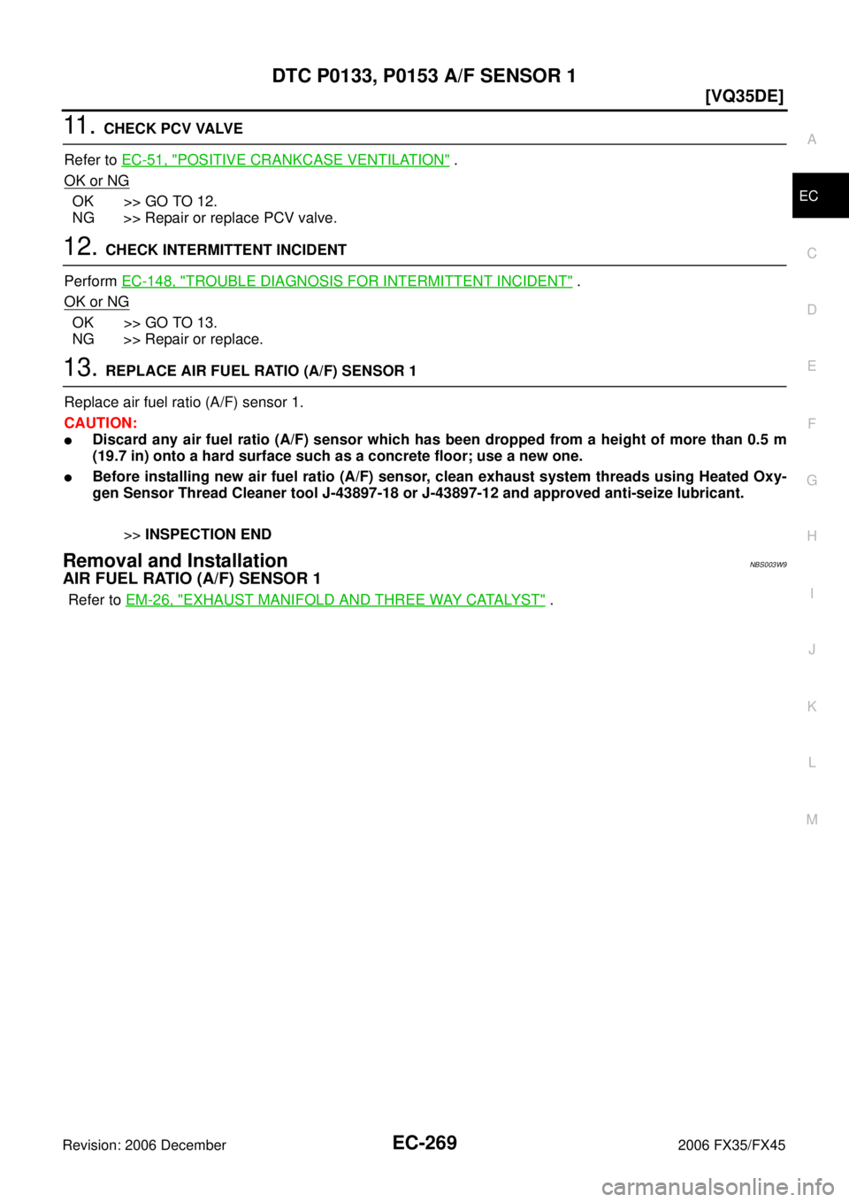 INFINITI FX35 2006  Service Manual DTC P0133, P0153 A/F SENSOR 1 EC-269
[VQ35DE]
C 
D  E 
F 
G  H 
I 
J 
K  L 
M  A
EC 
Revision: 2006 December 2006 FX35/FX45
11 .  CHECK PCV VALVE 
Refer to   EC-51, "
POSITIVE CRANKCASE VENTILATION" .