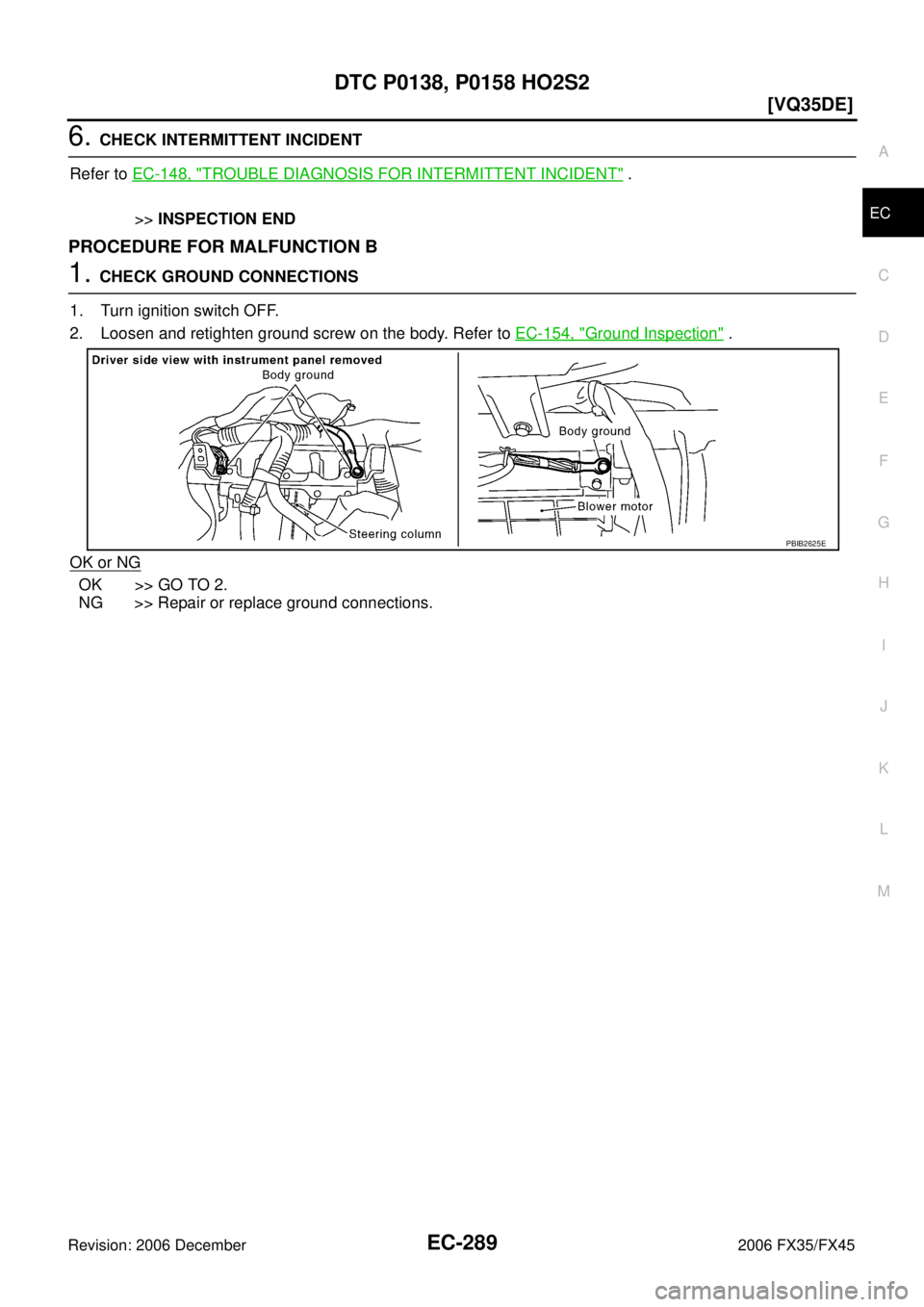 INFINITI FX35 2006  Service Manual DTC P0138, P0158 HO2S2 EC-289
[VQ35DE]
C 
D  E 
F 
G  H 
I 
J 
K  L 
M  A
EC 
Revision: 2006 December 2006 FX35/FX45
6. CHECK INTERMITTENT INCIDENT 
Refer to   EC-148, "
TROUBLE DIAGNOSIS FOR INTERMIT