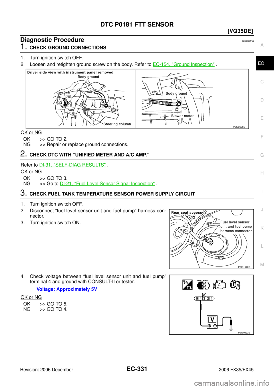 INFINITI FX35 2006  Service Manual DTC P0181 FTT SENSOR EC-331
[VQ35DE]
C 
D  E 
F 
G  H 
I 
J 
K  L 
M  A
EC 
Revision: 2006 December 2006 FX35/FX45
Diagnostic ProcedureNBS003PG
1. CHECK GROUND CONNECTIONS 
1. Turn ignition switch OFF