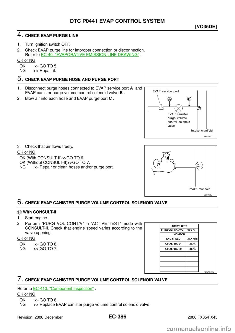 INFINITI FX35 2006  Service Manual EC-386
[VQ35DE]
DTC P0441 EVAP CONTROL SYSTEM
Revision: 2006 December 2006 FX35/FX45
4. CHECK EVAP PURGE LINE 
1. Turn ignition switch OFF. 
2. Check EVAP purge line for improper connection or disconn