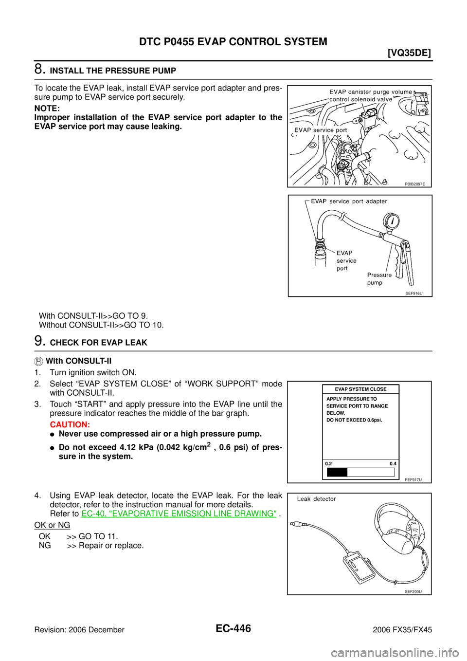 INFINITI FX35 2006  Service Manual EC-446
[VQ35DE]
DTC P0455 EVAP CONTROL SYSTEM
Revision: 2006 December 2006 FX35/FX45
8. INSTALL THE PRESSURE PUMP 
To locate the EVAP leak, install EVAP service port adapter and pres- 
sure pump to EV
