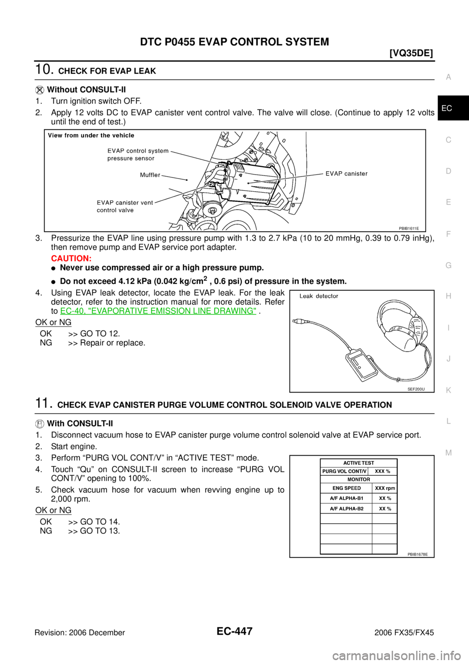 INFINITI FX35 2006  Service Manual DTC P0455 EVAP CONTROL SYSTEM EC-447
[VQ35DE]
C 
D  E 
F 
G  H 
I 
J 
K  L 
M  A
EC 
Revision: 2006 December 2006 FX35/FX45
10. CHECK FOR EVAP LEAK 
   Without CONSULT-II 
1. Turn ignition switch OFF.
