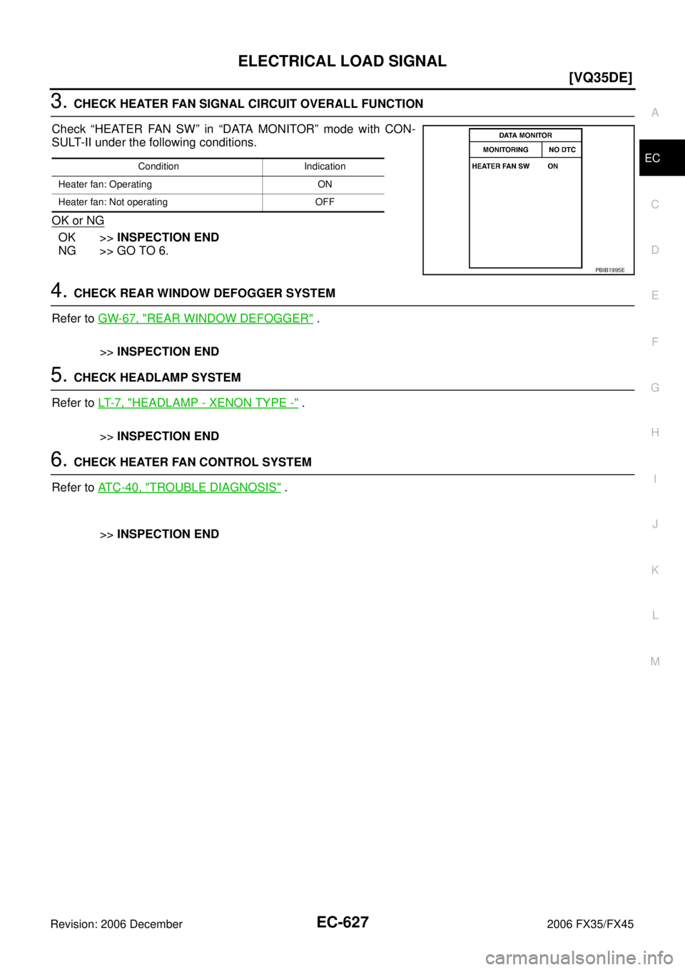 INFINITI FX35 2006  Service Manual ELECTRICAL LOAD SIGNAL EC-627
[VQ35DE]
C 
D  E 
F 
G  H 
I 
J 
K  L 
M  A
EC 
Revision: 2006 December 2006 FX35/FX45
3. CHECK HEATER FAN SIGNAL CIRCUIT OVERALL FUNCTION 
Check “HEATER FAN SW” in 
