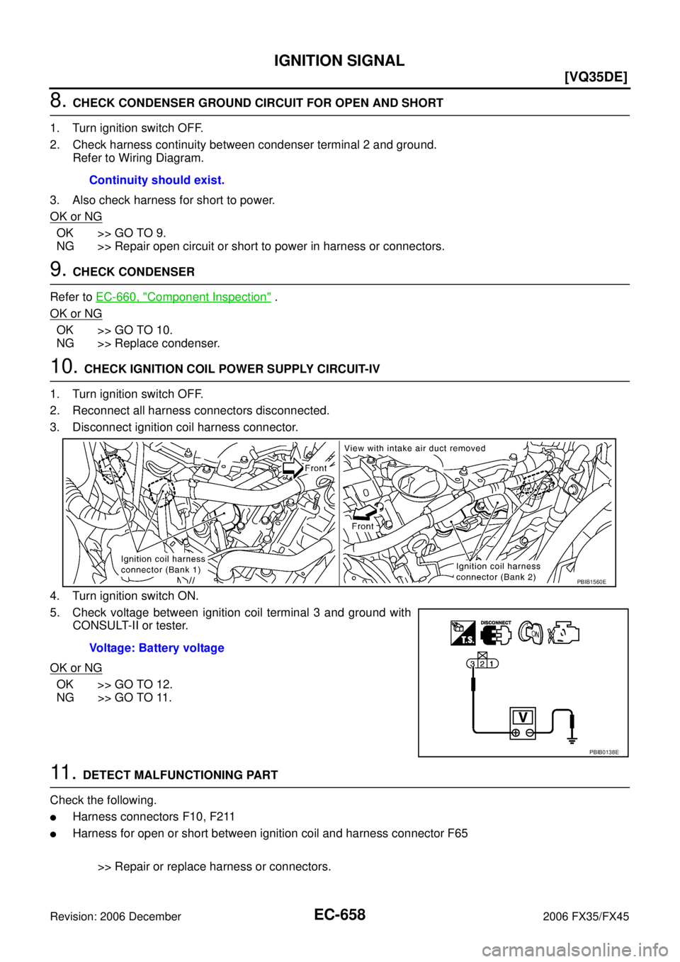 INFINITI FX35 2006  Service Manual EC-658
[VQ35DE]
IGNITION SIGNAL
Revision: 2006 December 2006 FX35/FX45
8. CHECK CONDENSER GROUND CIRCUIT FOR OPEN AND SHORT 
1. Turn ignition switch OFF. 
2. Check harness continuity between condenser
