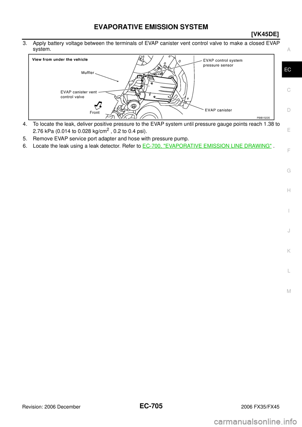 INFINITI FX35 2006  Service Manual EVAPORATIVE EMISSION SYSTEM EC-705
[VK45DE]
C 
D  E 
F 
G  H 
I 
J 
K  L 
M  A
EC 
Revision: 2006 December 2006 FX35/FX45
3. Apply battery voltage between the terminals of EVAP canister vent control v