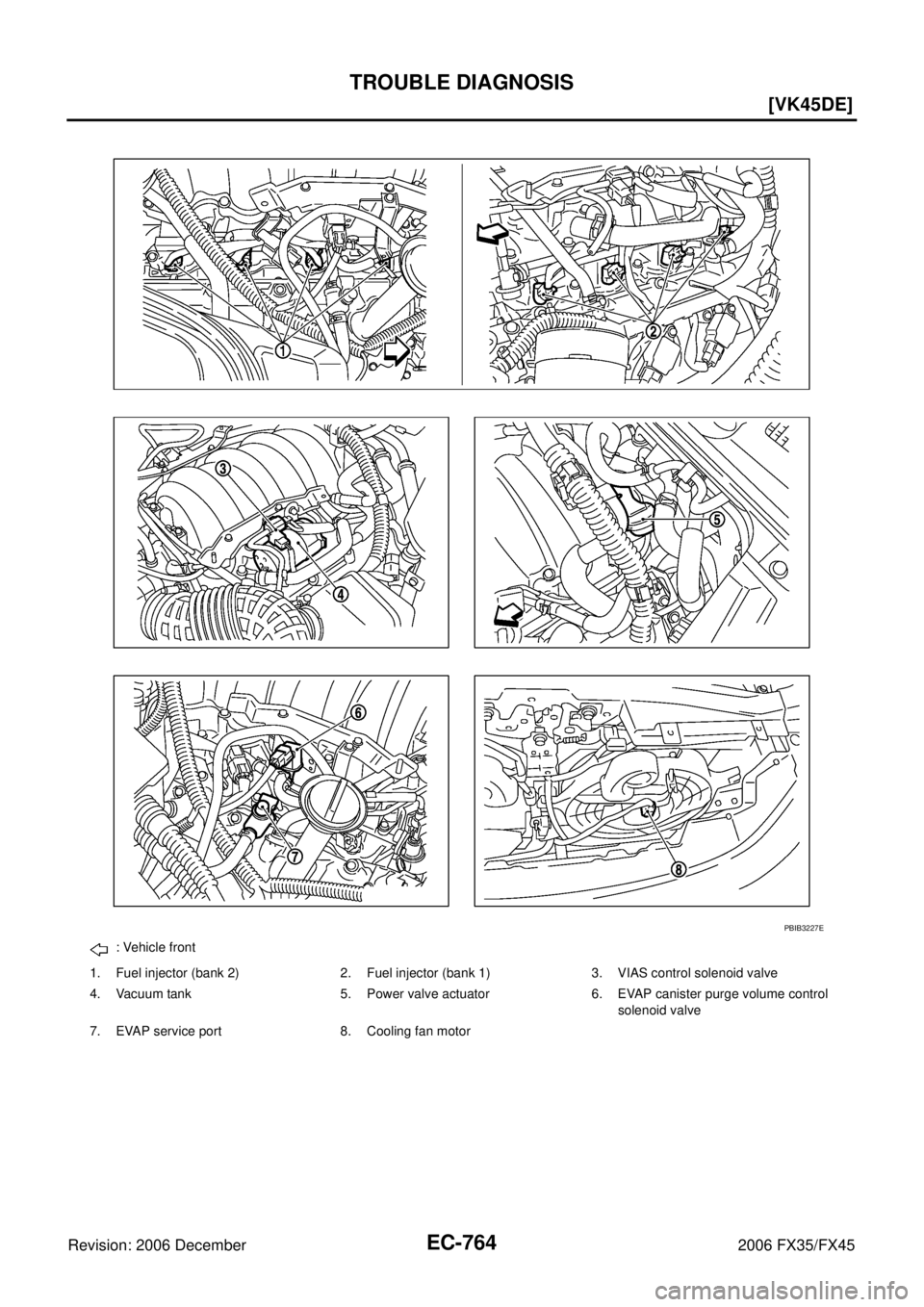 INFINITI FX35 2006  Service Manual EC-764
[VK45DE]
TROUBLE DIAGNOSIS
Revision: 2006 December 2006 FX35/FX45
: Vehicle front 
1. Fuel injector (bank 2) 2. Fuel injector (bank 1) 3. VIAS control solenoid valve 
4. Vacuum tank 5. Power va
