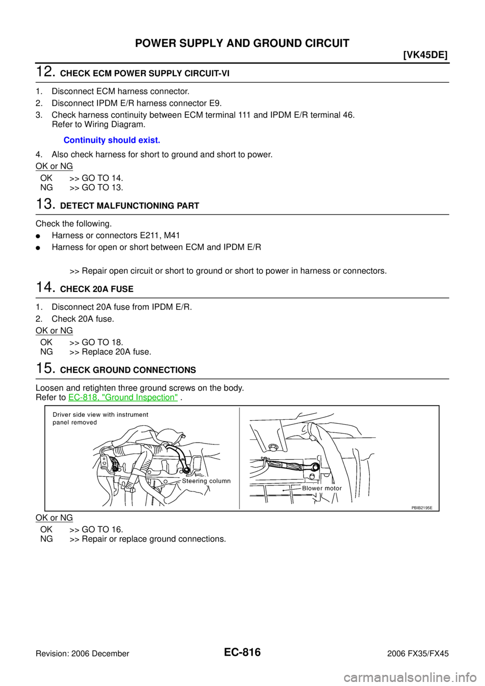 INFINITI FX35 2006  Service Manual EC-816
[VK45DE]
POWER SUPPLY AND GROUND CIRCUIT
Revision: 2006 December 2006 FX35/FX45
12. CHECK ECM POWER SUPPLY CIRCUIT-VI 
1. Disconnect ECM harness connector. 
2. Disconnect IPDM E/R harness conne