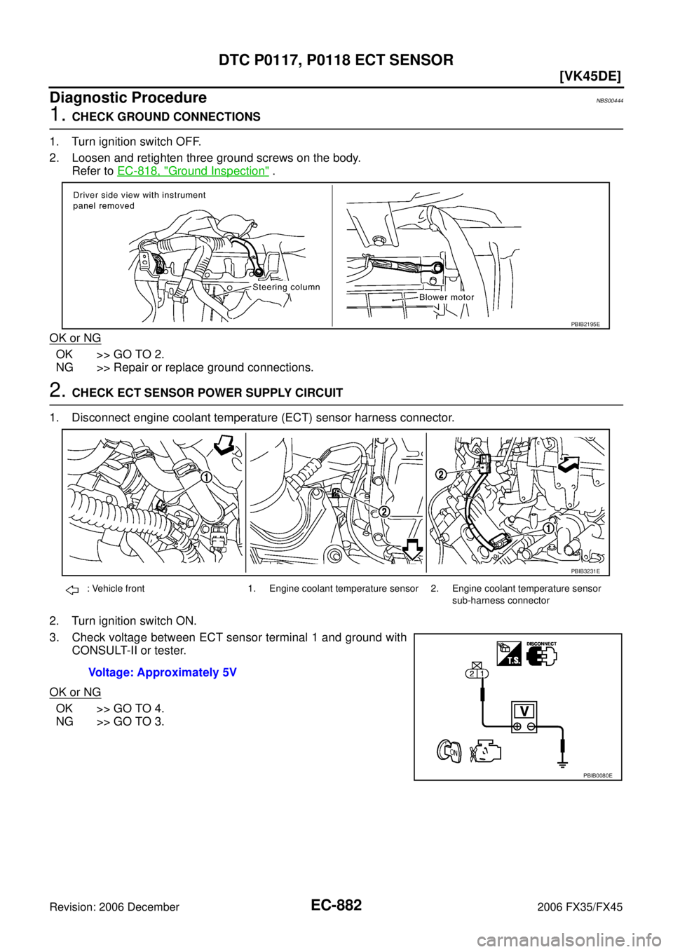 INFINITI FX35 2006  Service Manual EC-882
[VK45DE]
DTC P0117, P0118 ECT SENSOR
Revision: 2006 December 2006 FX35/FX45
Diagnostic ProcedureNBS00444
1. CHECK GROUND CONNECTIONS 
1. Turn ignition switch OFF. 
2. Loosen and retighten three