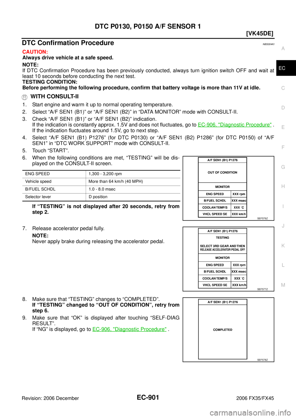 INFINITI FX35 2006  Service Manual DTC P0130, P0150 A/F SENSOR 1 EC-901
[VK45DE]
C 
D  E 
F 
G  H 
I 
J 
K  L 
M  A
EC 
Revision: 2006 December 2006 FX35/FX45
DTC Confirmation ProcedureNBS004KI
CAUTION: 
Always drive vehicle at a safe 