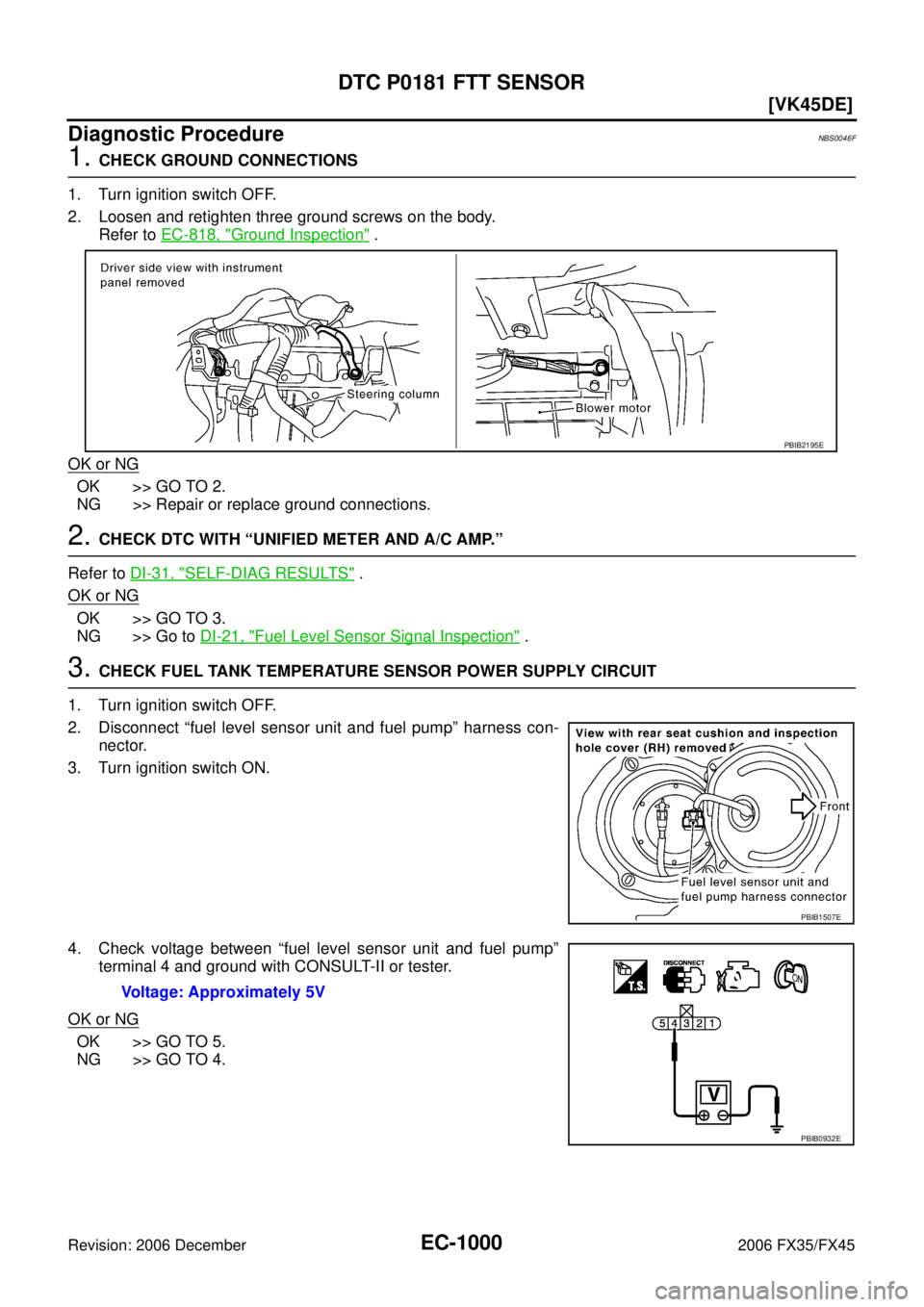 INFINITI FX35 2006  Service Manual EC-1000
[VK45DE]
DTC P0181 FTT SENSOR
Revision: 2006 December 2006 FX35/FX45
Diagnostic ProcedureNBS0046F
1. CHECK GROUND CONNECTIONS 
1. Turn ignition switch OFF. 
2. Loosen and retighten three groun