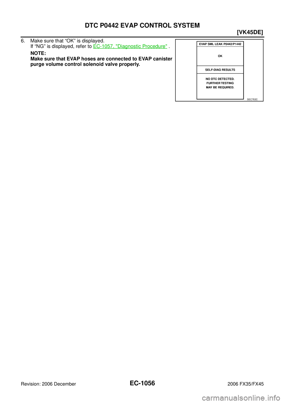 INFINITI FX35 2006  Service Manual EC-1056
[VK45DE]
DTC P0442 EVAP CONTROL SYSTEM
Revision: 2006 December 2006 FX35/FX45
6. Make sure that “OK” is displayed. If “NG” is displayed, refer to   EC-1057, "
Diagnostic Procedure" . 
