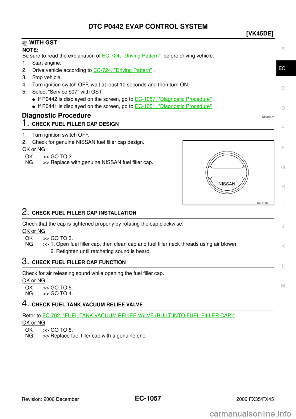 INFINITI FX35 2006  Service Manual DTC P0442 EVAP CONTROL SYSTEM EC-1057
[VK45DE]
C 
D  E 
F 
G  H 
I 
J 
K  L 
M  A
EC 
Revision: 2006 December 2006 FX35/FX45
 WITH GST
NOTE: 
Be sure to read the explanation of   EC-724, "
Driving Pat