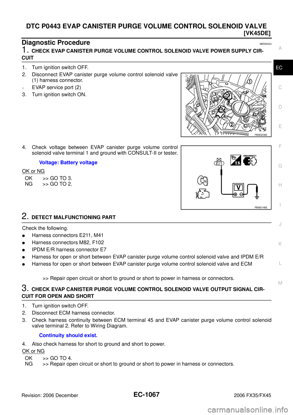 INFINITI FX35 2006  Service Manual DTC P0443 EVAP CANISTER PURGE VOLUME CONTROL SOLENOID VALVE EC-1067
[VK45DE]
C 
D  E 
F 
G  H 
I 
J 
K  L 
M  A
EC 
Revision: 2006 December 2006 FX35/FX45
Diagnostic ProcedureNBS004DJ
1. CHECK EVAP CA