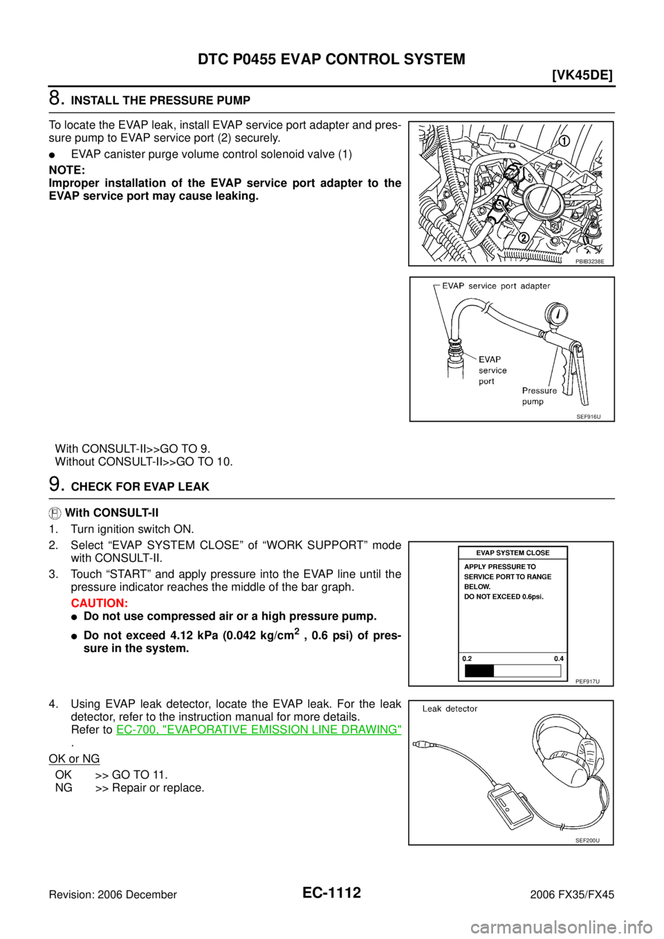 INFINITI FX35 2006  Service Manual EC-1112
[VK45DE]
DTC P0455 EVAP CONTROL SYSTEM
Revision: 2006 December 2006 FX35/FX45
8. INSTALL THE PRESSURE PUMP 
To locate the EVAP leak, install EVAP service port adapter and pres- 
sure pump to E