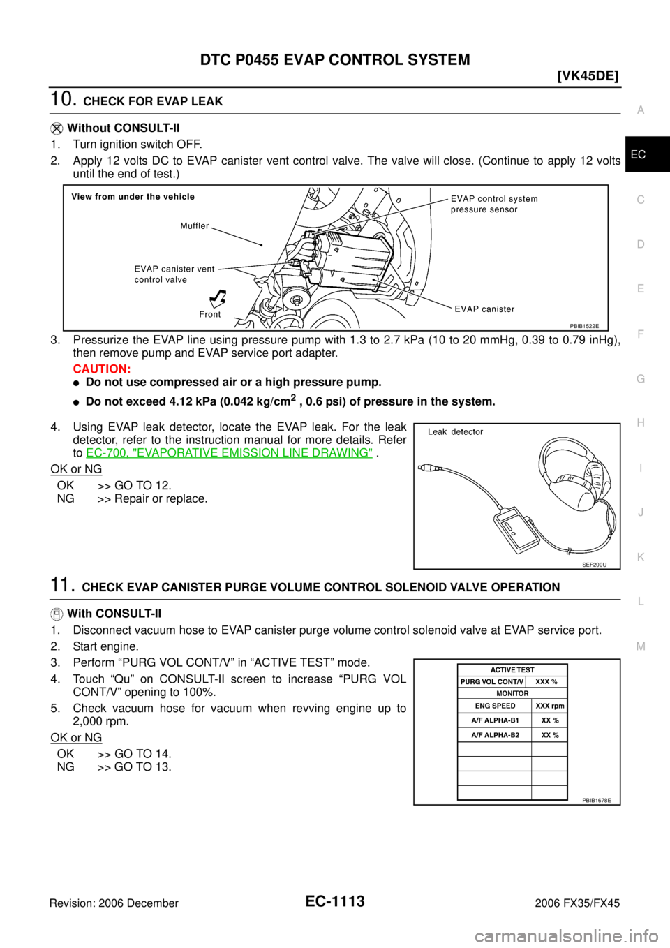 INFINITI FX35 2006  Service Manual DTC P0455 EVAP CONTROL SYSTEM EC-1113
[VK45DE]
C 
D  E 
F 
G  H 
I 
J 
K  L 
M  A
EC 
Revision: 2006 December 2006 FX35/FX45
10. CHECK FOR EVAP LEAK 
   Without CONSULT-II 
1. Turn ignition switch OFF
