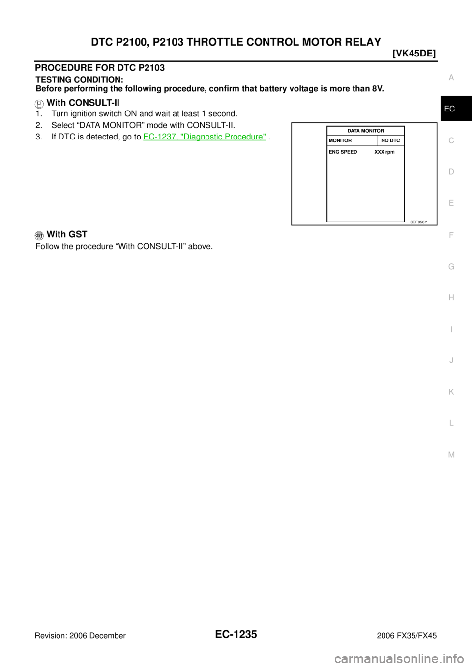 INFINITI FX35 2006  Service Manual DTC P2100, P2103 THROTTLE CONTROL MOTOR RELAY EC-1235
[VK45DE]
C 
D  E 
F 
G  H 
I 
J 
K  L 
M  A
EC 
Revision: 2006 December 2006 FX35/FX45
PROCEDURE FOR DTC P2103
TESTING CONDITION: 
Before performi