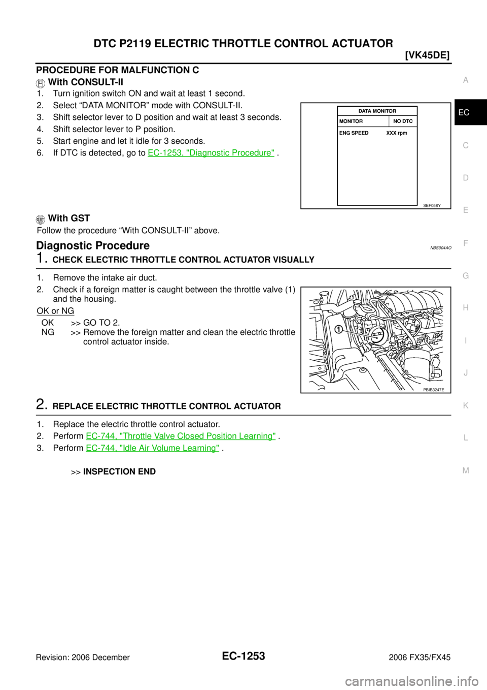 INFINITI FX35 2006  Service Manual DTC P2119 ELECTRIC THROTTLE CONTROL ACTUATOR EC-1253
[VK45DE]
C 
D  E 
F 
G  H 
I 
J 
K  L 
M  A
EC 
Revision: 2006 December 2006 FX35/FX45
PROCEDURE FOR MALFUNCTION C   With CONSULT-II
1. Turn igniti