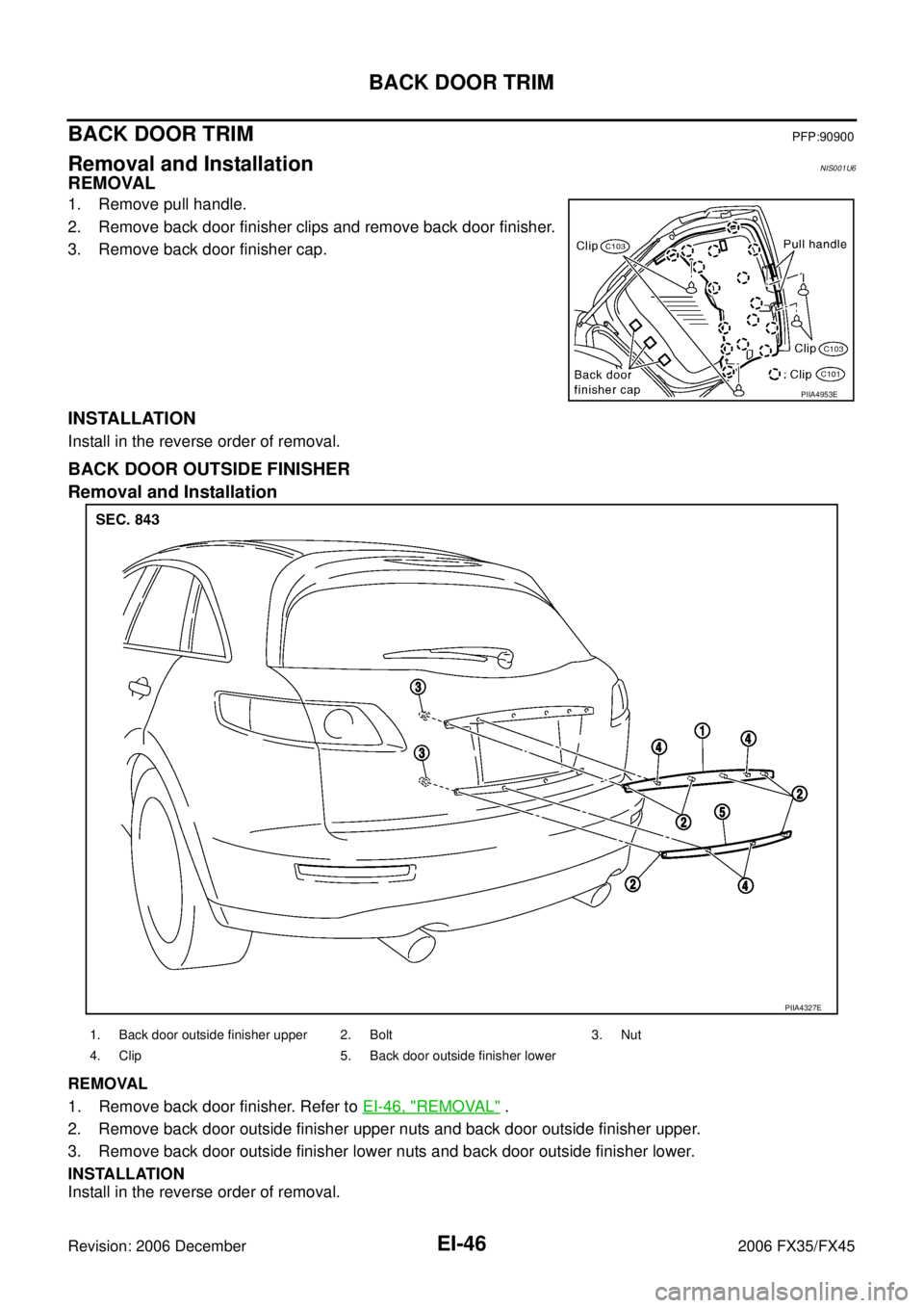 INFINITI FX35 2006  Service Manual EI-46
BACK DOOR TRIM
Revision: 2006 December 2006 FX35/FX45
BACK DOOR TRIMPFP:90900
Removal and InstallationNIS001U6
REMOVAL
1. Remove pull handle. 
2. Remove back door finisher clips and remove back 