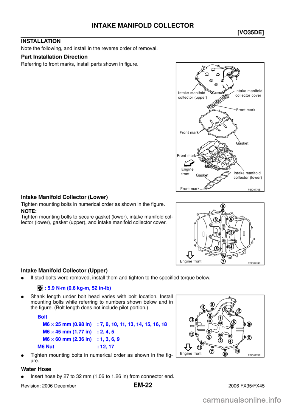 INFINITI FX35 2006  Service Manual EM-22
[VQ35DE]
INTAKE MANIFOLD COLLECTOR
Revision: 2006 December 2006 FX35/FX45
INSTALLATION
Note the following, and install in the reverse order of removal.
Part Installation Direction
Referring to f