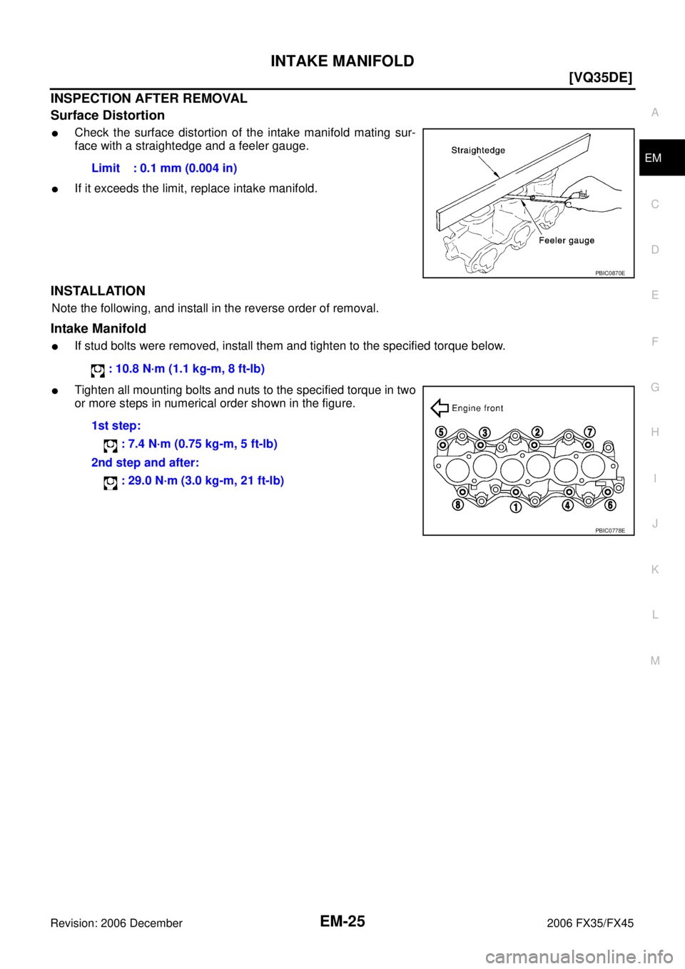 INFINITI FX35 2006  Service Manual INTAKE MANIFOLD EM-25
[VQ35DE]
C 
D  E 
F 
G  H 
I 
J 
K  L 
M  A
EM 
Revision: 2006 December 2006 FX35/FX45
INSPECTION AFTER REMOVAL 
Surface Distortion
Check the surface distortion of the intake ma