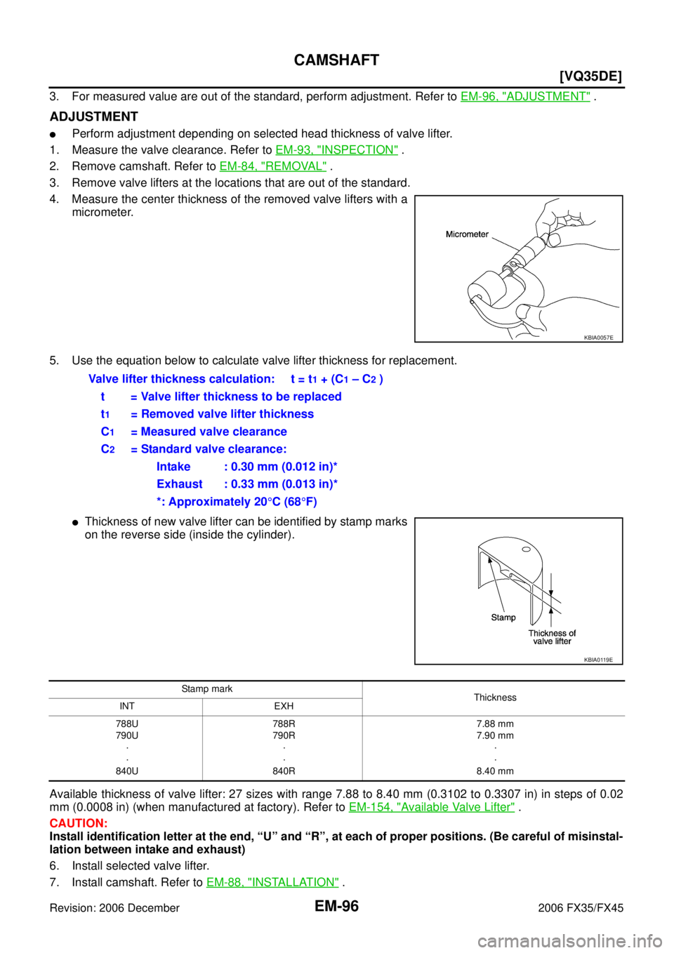 INFINITI FX35 2006  Service Manual EM-96
[VQ35DE]
CAMSHAFT
Revision: 2006 December 2006 FX35/FX45
3. For measured value are out of the standard, perform adjustment. Refer to  EM-96, "ADJUSTMENT" .
ADJUSTMENT
Perform adjustment dependi