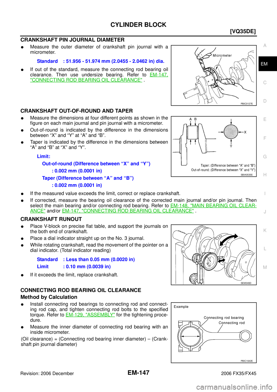 INFINITI FX35 2006  Service Manual CYLINDER BLOCK EM-147
[VQ35DE]
C 
D  E 
F 
G  H 
I 
J 
K  L 
M  A
EM 
Revision: 2006 December 2006 FX35/FX45
CRANKSHAFT PIN JOURNAL DIAMETER
Measure the outer diameter of crankshaft pin journal with 