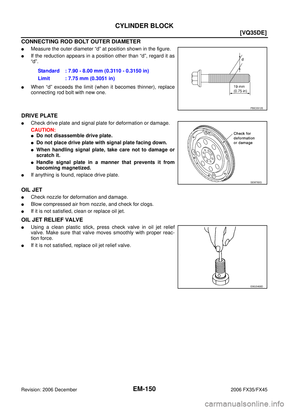 INFINITI FX35 2006  Service Manual EM-150
[VQ35DE]
CYLINDER BLOCK
Revision: 2006 December 2006 FX35/FX45
CONNECTING ROD BOLT OUTER DIAMETER
Measure the outer diameter “d” at position shown in the figure.
If the reduction appears 
