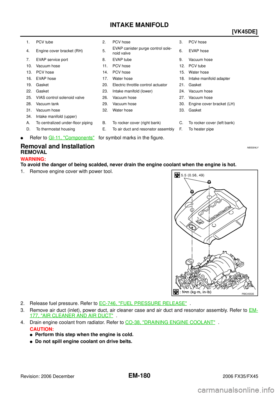 INFINITI FX35 2006  Service Manual EM-180
[VK45DE]
INTAKE MANIFOLD
Revision: 2006 December 2006 FX35/FX45
Refer to  GI-11, "Components"   for symbol marks in the figure.
Removal and InstallationNBS004LY
REMOVAL
WARNING: 
To avoid the 