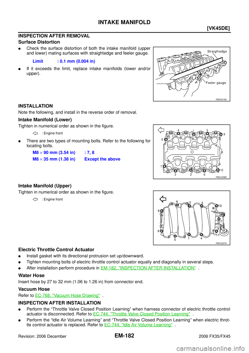 INFINITI FX35 2006  Service Manual EM-182
[VK45DE]
INTAKE MANIFOLD
Revision: 2006 December 2006 FX35/FX45
INSPECTION AFTER REMOVAL 
Surface Distortion
Check the surface distortion of both the intake manifold (upper 
and lower) mating 