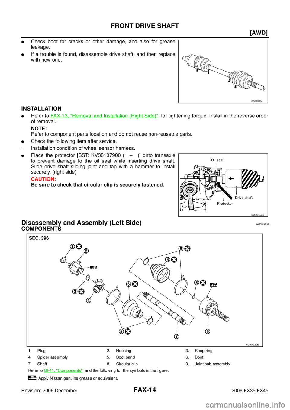 INFINITI FX35 2006  Service Manual FAX-14
[AWD]
FRONT DRIVE SHAFT
Revision: 2006 December 2006 FX35/FX45
Check boot for cracks or other damage, and also for grease 
leakage.
If a trouble is found, disassemble drive shaft, and then re