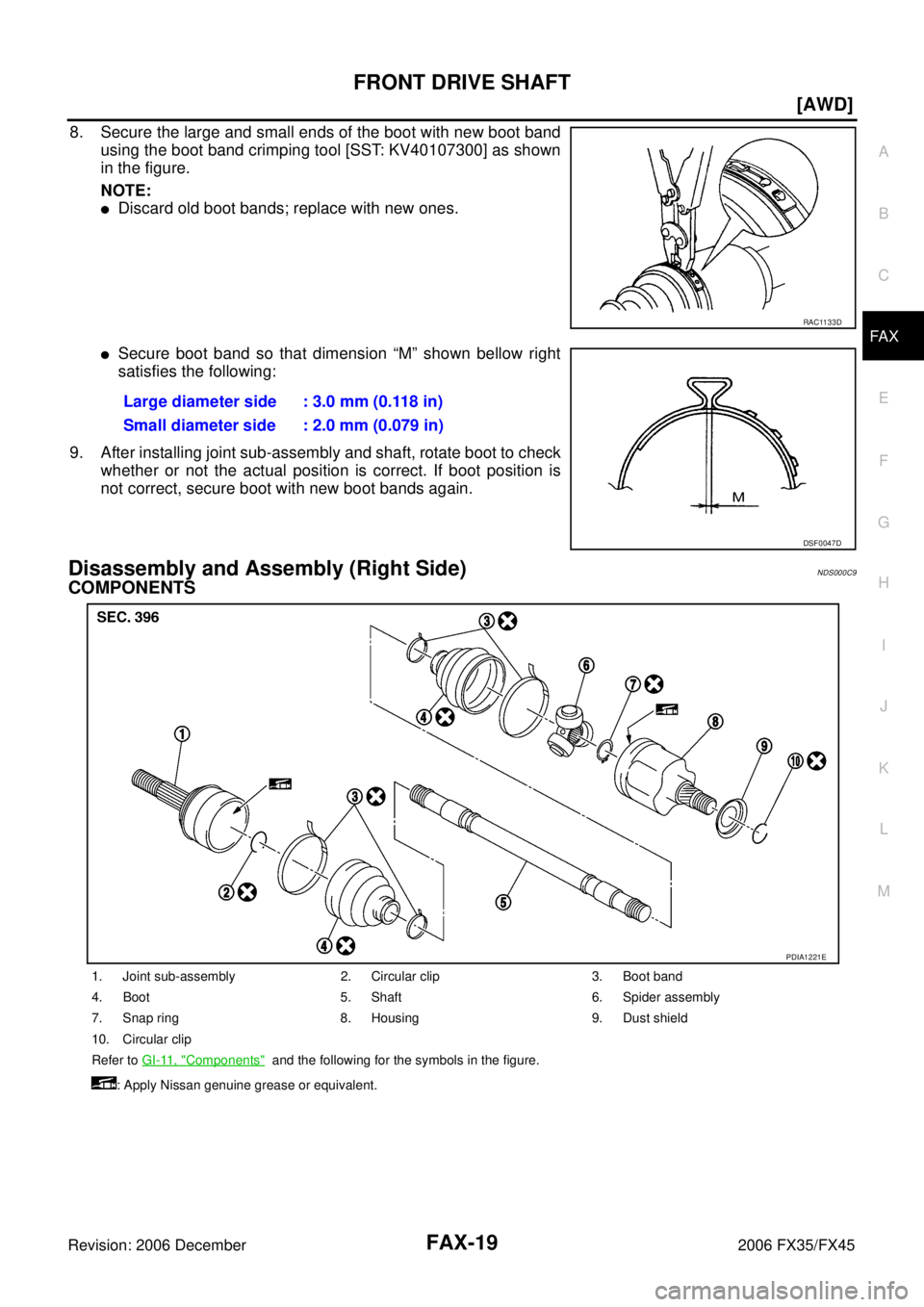 INFINITI FX35 2006  Service Manual FRONT DRIVE SHAFT FAX-19
[AWD]
C E  F 
G  H 
I 
J 
K  L 
M  A 
B
FA X 
Revision: 2006 December 2006 FX35/FX45
8. Secure the large and small ends of the boot with new boot band  using the boot band cri