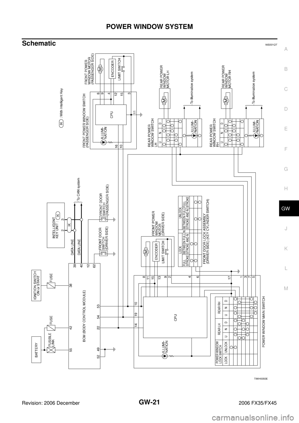 INFINITI FX35 2006  Service Manual POWER WINDOW SYSTEM GW-21
C 
D  E 
F 
G  H 
J 
K  L 
M  A 
B
GW 
Revision: 2006 December 2006 FX35/FX45
SchematicNIS001QT
TIWH0050E 