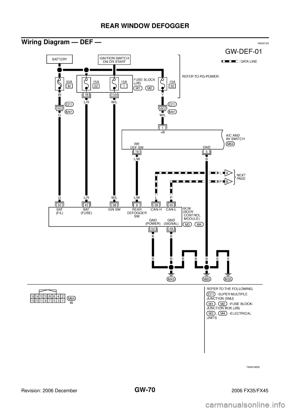 INFINITI FX35 2006  Service Manual GW-70
REAR WINDOW DEFOGGER
Revision: 2006 December 2006 FX35/FX45
Wiring Diagram — DEF — NIS001S5
TIWM1685E 