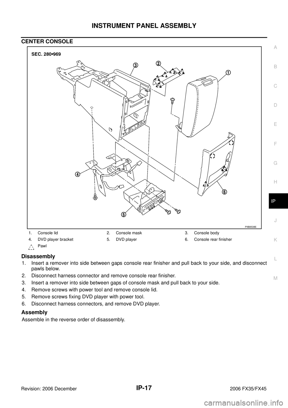 INFINITI FX35 2006  Service Manual INSTRUMENT PANEL ASSEMBLY IP-17
C 
D  E 
F 
G  H 
J 
K  L 
M  A 
B
IP 
Revision: 2006 December 2006 FX35/FX45
CENTER CONSOLE 
Disassembly
1. Insert a remover into side between gaps console rear finish