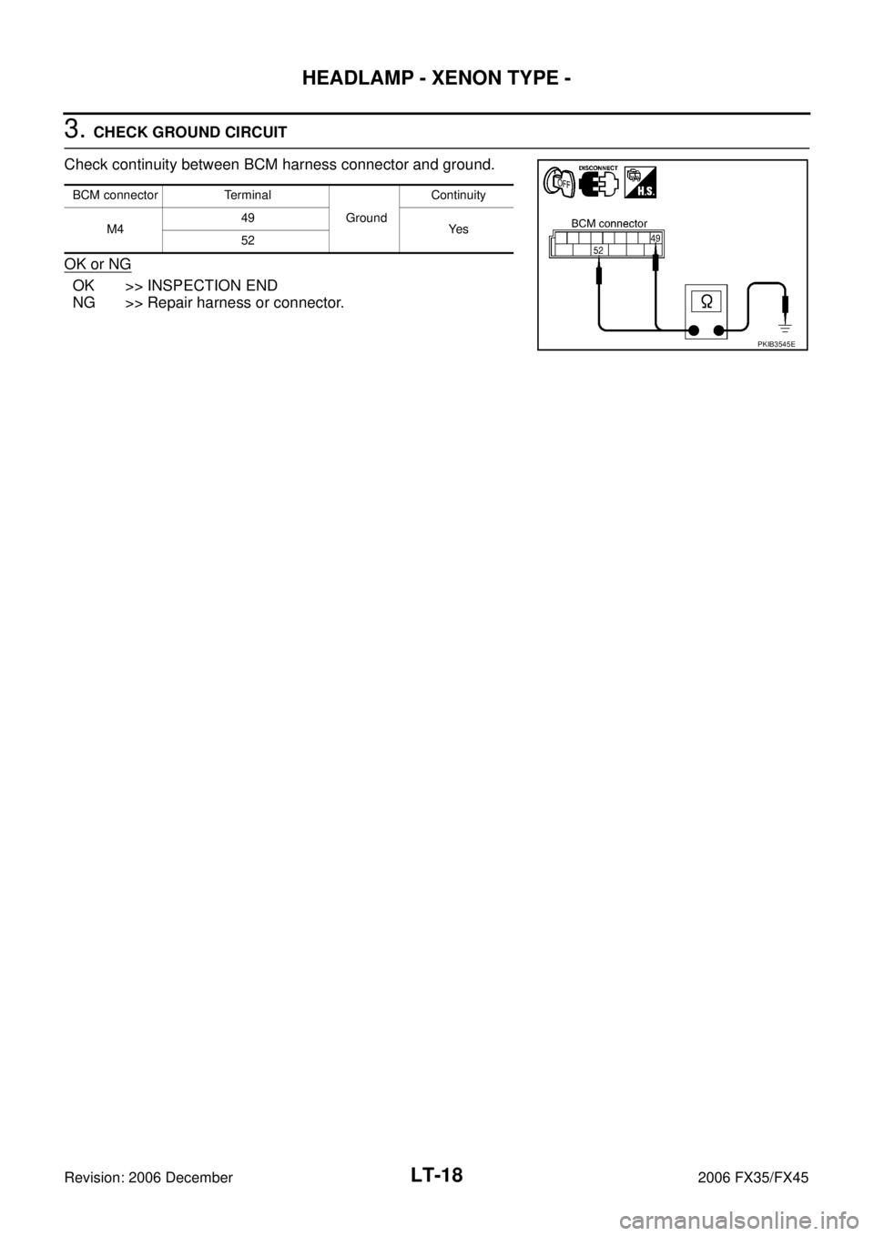 INFINITI FX35 2006  Service Manual LT-18
HEADLAMP - XENON TYPE -
Revision: 2006 December 2006 FX35/FX45
3. CHECK GROUND CIRCUIT 
Check continuity between BCM harness connector and ground. 
OK or NG
OK >> INSPECTION END 
NG >> Repair ha