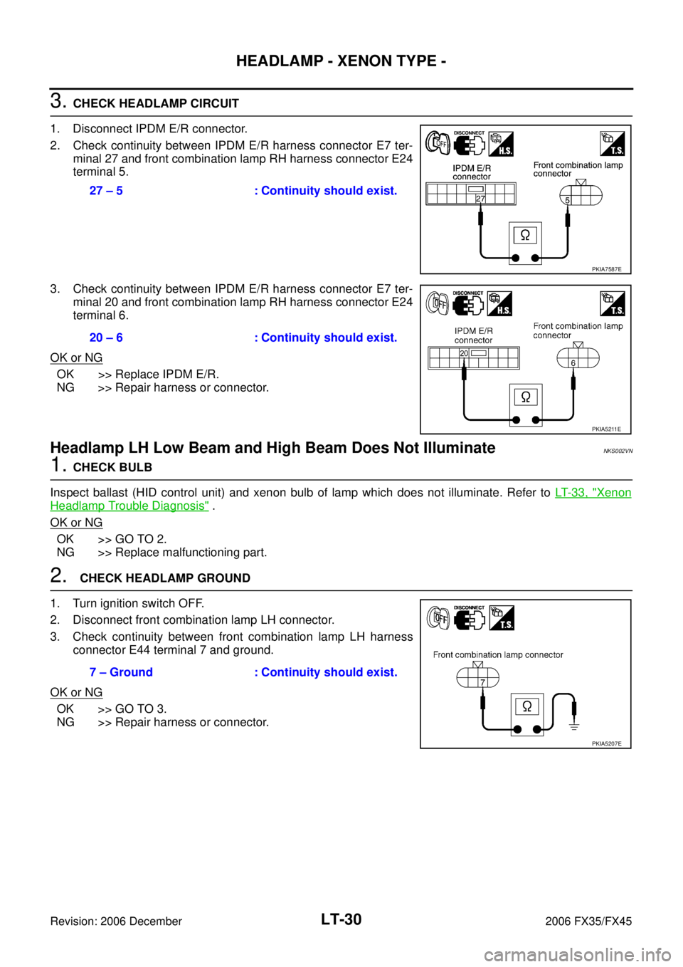 INFINITI FX35 2006  Service Manual LT-30
HEADLAMP - XENON TYPE -
Revision: 2006 December 2006 FX35/FX45
3. CHECK HEADLAMP CIRCUIT  
1. Disconnect IPDM E/R connector. 
2. Check continuity between IPDM E/R harness connector E7 ter-  mina