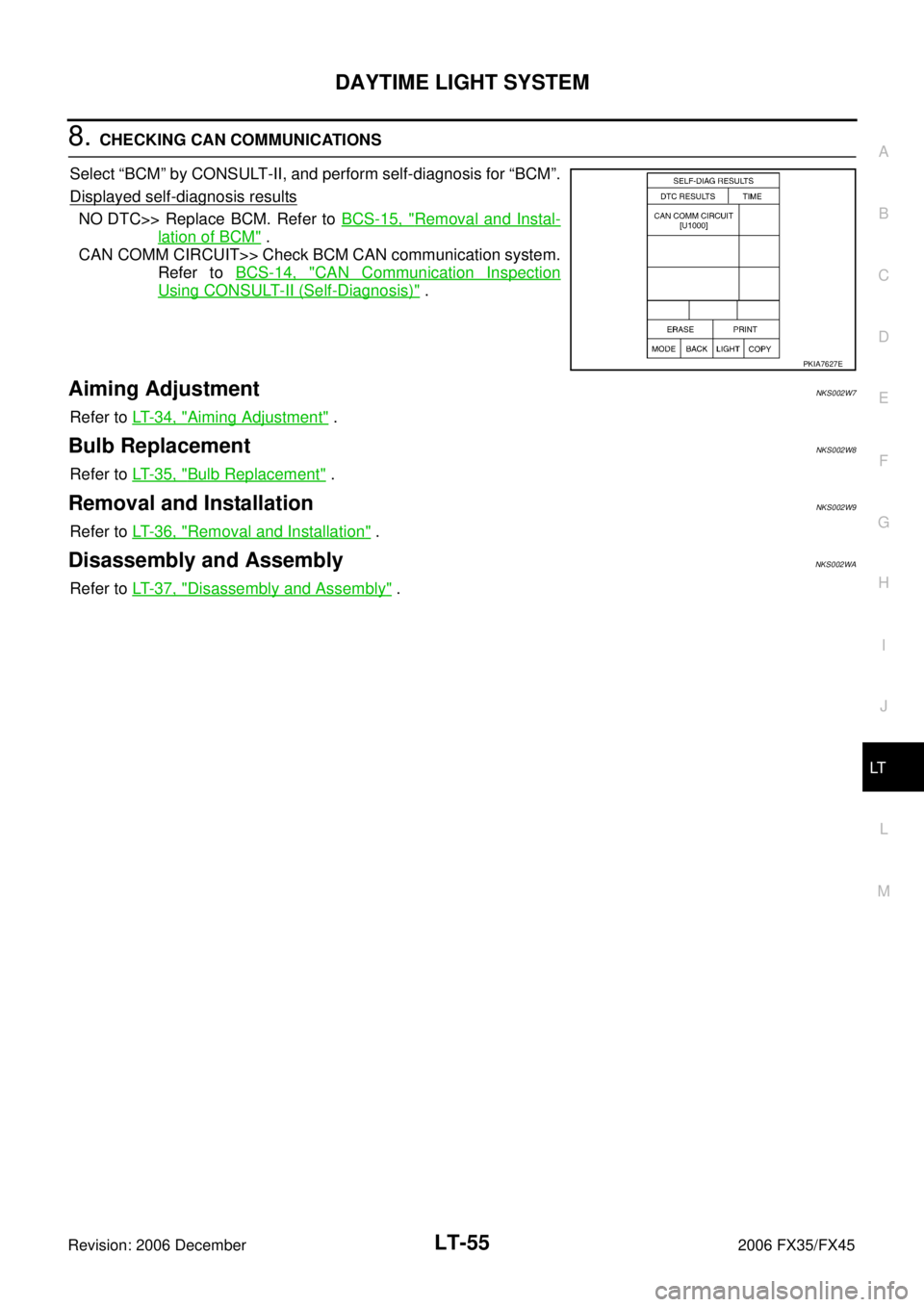 INFINITI FX35 2006  Service Manual DAYTIME LIGHT SYSTEM LT-55
C 
D  E 
F 
G  H 
I 
J 
L 
M  A 
B
LT 
Revision: 2006 December 2006 FX35/FX45
8. CHECKING CAN COMMUNICATIONS  
Select “BCM” by CONSULT-II, and perform self-diagnosis for