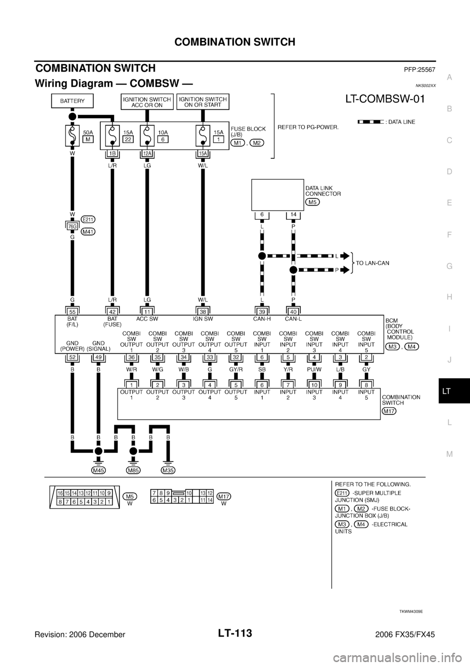 INFINITI FX35 2006  Service Manual COMBINATION SWITCH LT-113
C 
D  E 
F 
G  H 
I 
J 
L 
M  A 
B
LT 
Revision: 2006 December 2006 FX35/FX45
COMBINATION SWITCHPFP:25567
Wiring Diagram — COMBSW —NKS002XX
TKWM4309E 