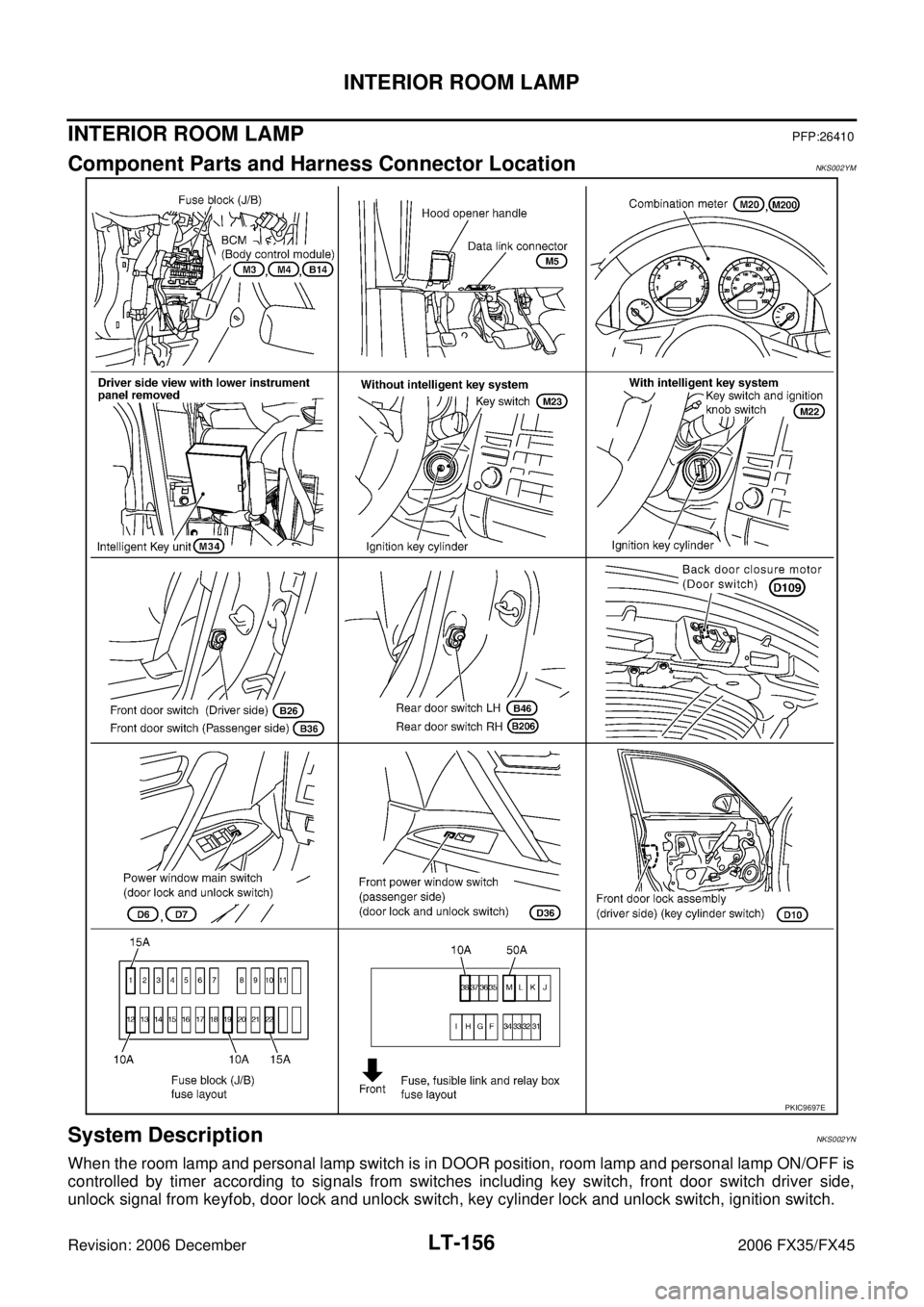 INFINITI FX35 2006  Service Manual LT-156
INTERIOR ROOM LAMP
Revision: 2006 December 2006 FX35/FX45
INTERIOR ROOM LAMPPFP:26410
Component Parts and Harness Connector LocationNKS002YM
System DescriptionNKS002YN
When the room lamp and pe