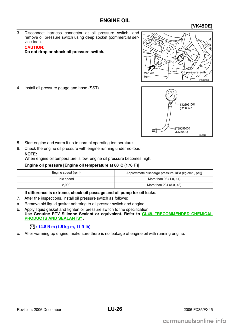 INFINITI FX35 2006  Service Manual LU-26
[VK45DE]
ENGINE OIL
Revision: 2006 December 2006 FX35/FX45
3. Disconnect harness connector at oil pressure switch, and remove oil pressure switch using deep socket (commercial ser-
vice tool). 
