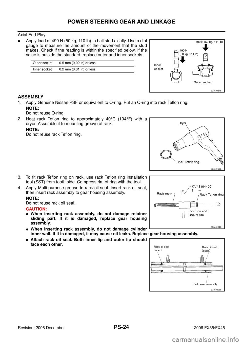INFINITI FX35 2006 Service Manual PS-24
POWER STEERING GEAR AND LINKAGE
Revision: 2006 December 2006 FX35/FX45
Axial End Play
Apply load of 490 N (50 kg, 110 lb) to ball stud axially. Use a dial
gauge to measure the amount of the mo INFINITI FX35 2006 Service Manual PS-24
POWER STEERING GEAR AND LINKAGE
Revision: 2006 December 2006 FX35/FX45
Axial End Play
Apply load of 490 N (50 kg, 110 lb) to ball stud axially. Use a dial
gauge to measure the amount of the mo