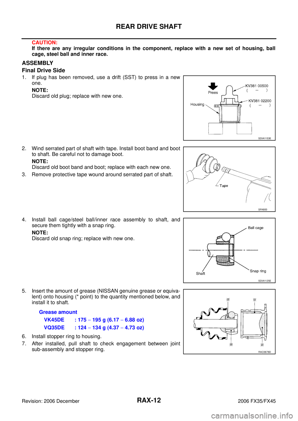 INFINITI FX35 2006 Service Manual RAX-12
REAR DRIVE SHAFT
Revision: 2006 December 2006 FX35/FX45
CAUTION:
If there are any irregular conditions in the component, replace with a new set of housing, ball
cage, steel ball and inner race INFINITI FX35 2006 Service Manual RAX-12
REAR DRIVE SHAFT
Revision: 2006 December 2006 FX35/FX45
CAUTION:
If there are any irregular conditions in the component, replace with a new set of housing, ball
cage, steel ball and inner race