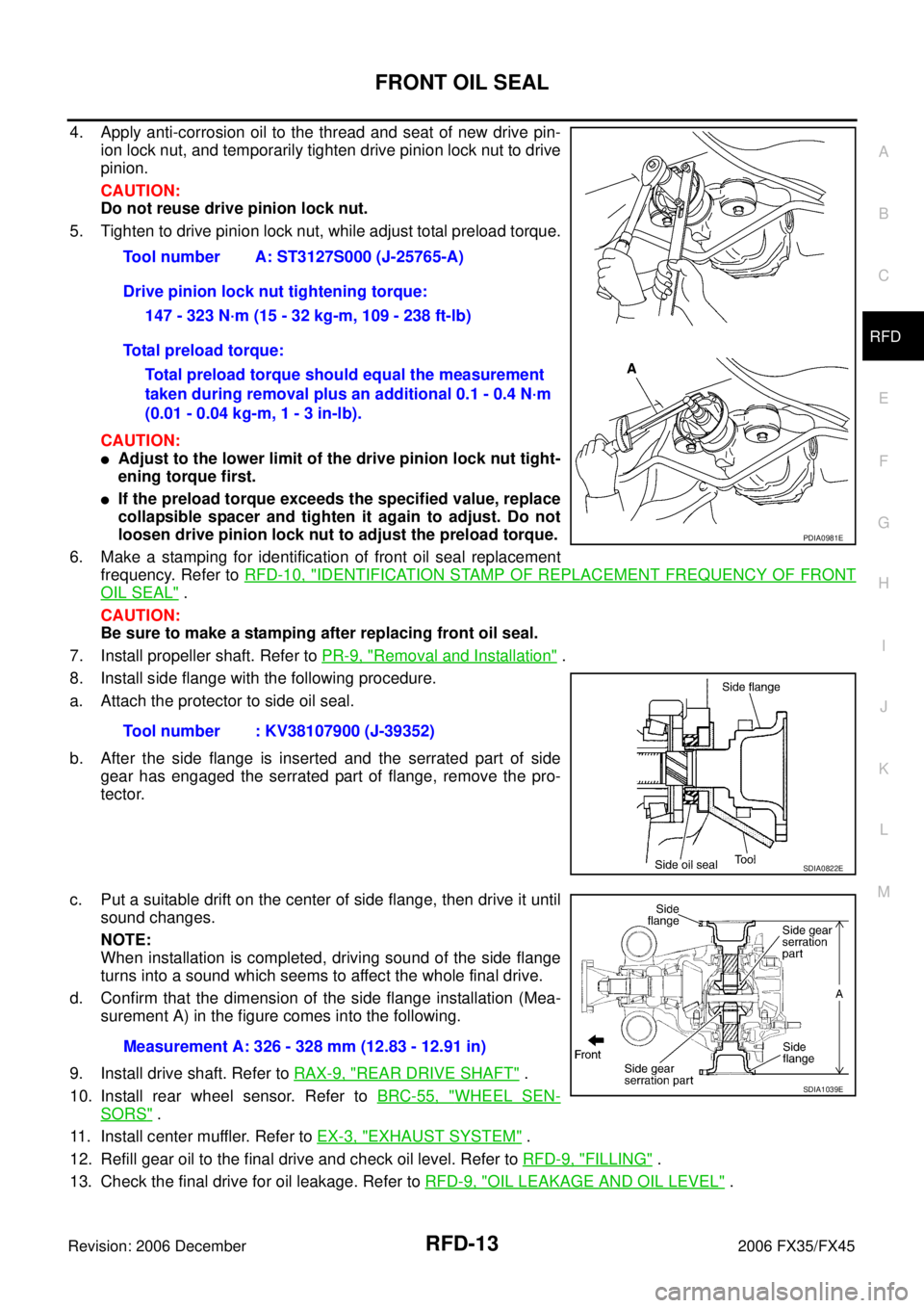 INFINITI FX35 2006  Service Manual FRONT OIL SEAL RFD-13
C E  F 
G  H 
I 
J 
K  L 
M  A 
B
RFD 
Revision: 2006 December 2006 FX35/FX45
4. Apply anti-corrosion oil to the thread and seat of new drive pin-  ion lock nut, and temporarily 
