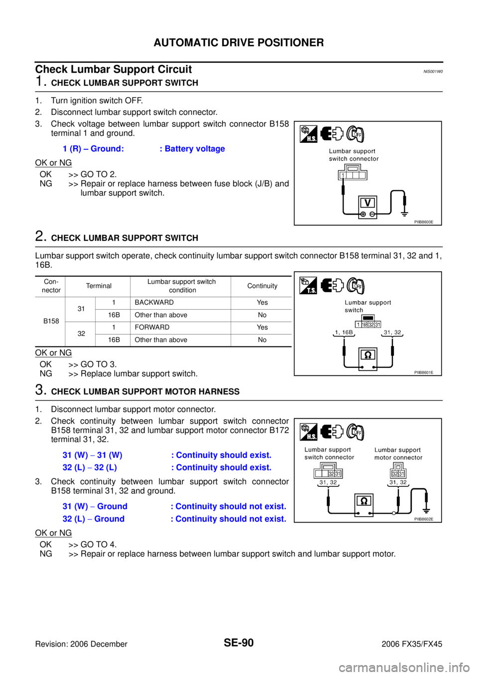 INFINITI FX35 2006 Service Manual SE-90
AUTOMATIC DRIVE POSITIONER
Revision: 2006 December 2006 FX35/FX45
Check Lumbar Support CircuitNIS001W0
1. CHECK LUMBAR SUPPORT SWITCH
1. Turn ignition switch OFF.
2. Disconnect lumbar support INFINITI FX35 2006 Service Manual SE-90
AUTOMATIC DRIVE POSITIONER
Revision: 2006 December 2006 FX35/FX45
Check Lumbar Support CircuitNIS001W0
1. CHECK LUMBAR SUPPORT SWITCH
1. Turn ignition switch OFF.
2. Disconnect lumbar support