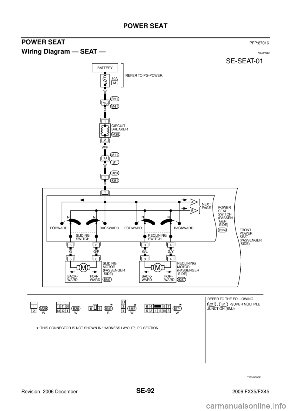 INFINITI FX35 2006  Service Manual SE-92
POWER SEAT
Revision: 2006 December 2006 FX35/FX45
POWER SEATPFP:87016
Wiring Diagram — SEAT —NIS001W3
TIWM1705E 