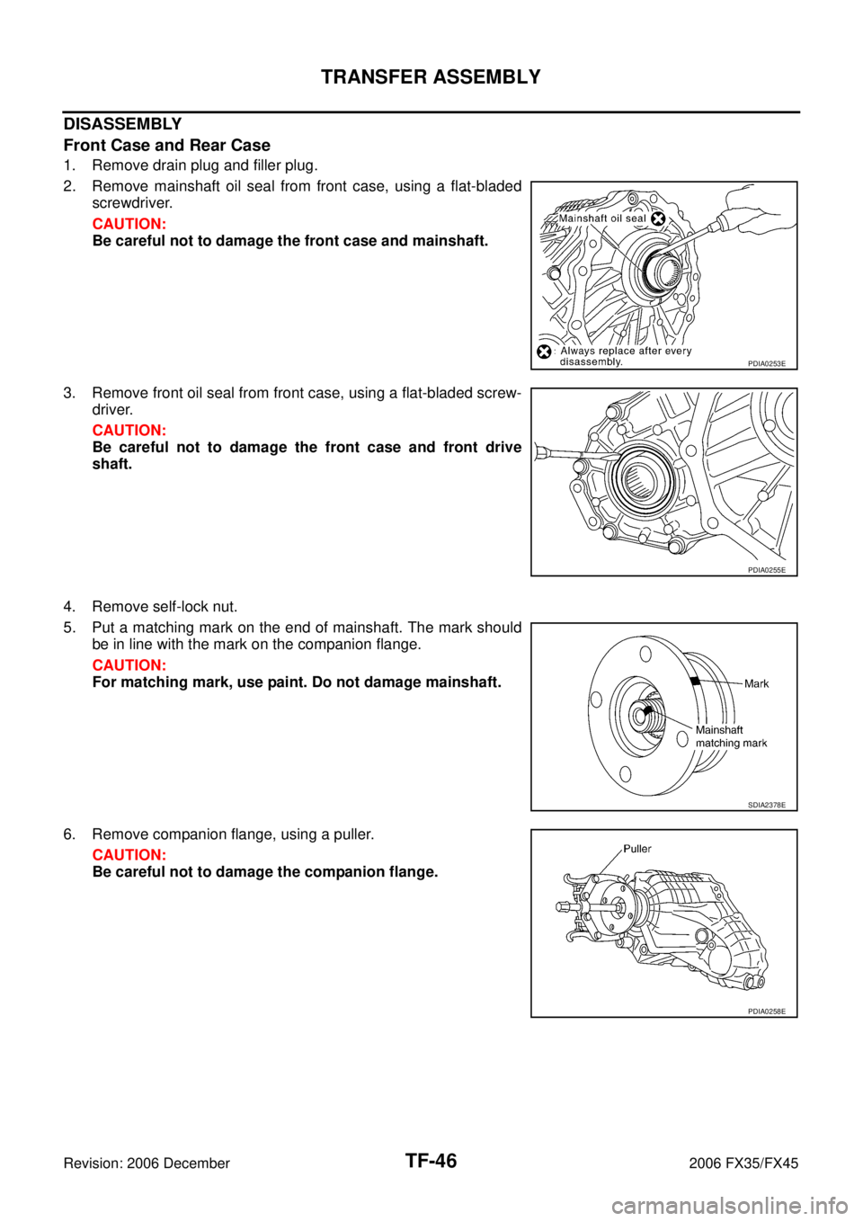 INFINITI FX35 2006  Service Manual TF-46
TRANSFER ASSEMBLY
Revision: 2006 December 2006 FX35/FX45
DISASSEMBLY 
Front Case and Rear Case
1. Remove drain plug and filler plug. 
2. Remove mainshaft oil seal from front case, using a flat-b