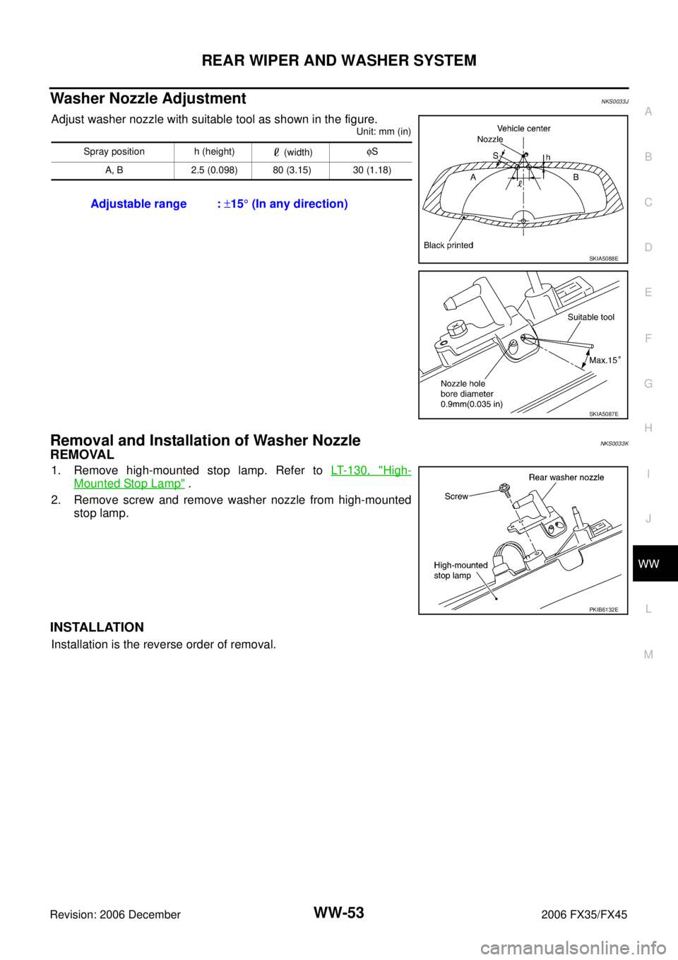 INFINITI FX35 2006  Service Manual REAR WIPER AND WASHER SYSTEM WW-53
C 
D  E 
F 
G  H 
I 
J 
L 
M  A 
B
WW 
Revision: 2006 December 2006 FX35/FX45
Washer Nozzle AdjustmentNKS0033J
Adjust washer nozzle with suitable tool as shown in th