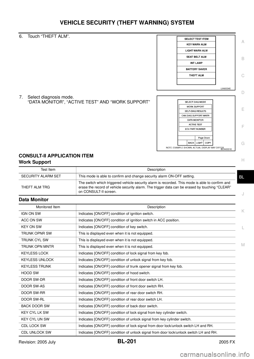 INFINITI FX35 2005  Service Manual VEHICLE SECURITY (THEFT WARNING) SYSTEM BL-201
C 
D  E 
F 
G  H 
J 
K  L 
M  A 
B
BL 
Revision: 2005 July  2005 FX
6. Touch “THEFT ALM”. 
7. Select diagnosis mode. 
“DATA MONITOR”, “ACTIVE T