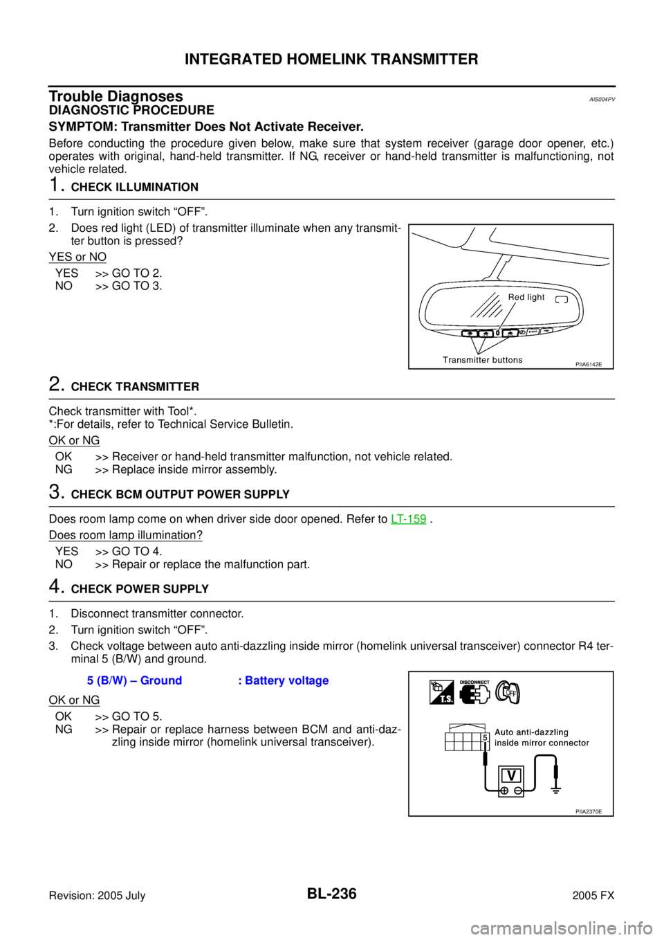 INFINITI FX35 2005  Service Manual BL-236
INTEGRATED HOMELINK TRANSMITTER
Revision: 2005 July 2005 FX
Trouble DiagnosesAIS004PV
DIAGNOSTIC PROCEDURE 
SYMPTOM: Transmitter Does Not Activate Receiver.
Before conducting the procedure give