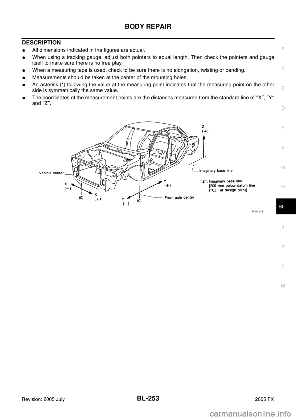 INFINITI FX35 2005  Service Manual BODY REPAIR
BL-253
C
D
E
F
G
H
J
K
L
MA
B
BL
Revision: 2005 July2005 FX
DESCRIPTION
lAll dimensions indicated in the figures are actual.
lWhen using a tracking gauge, adjust both pointers to equal len